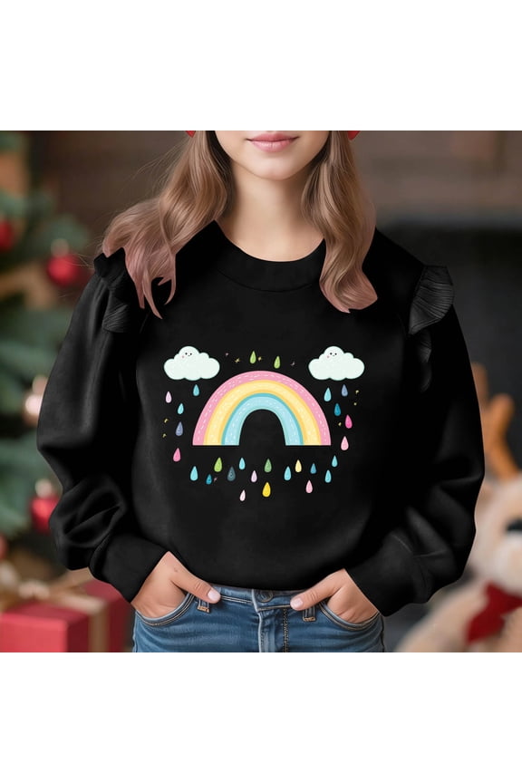 Girls Rainbow Cloud Printed Sweatshirt, Cute Graphic Pullover for Spring, Birthday, or Festive Occasions for Kids and Tweens 4-15Y