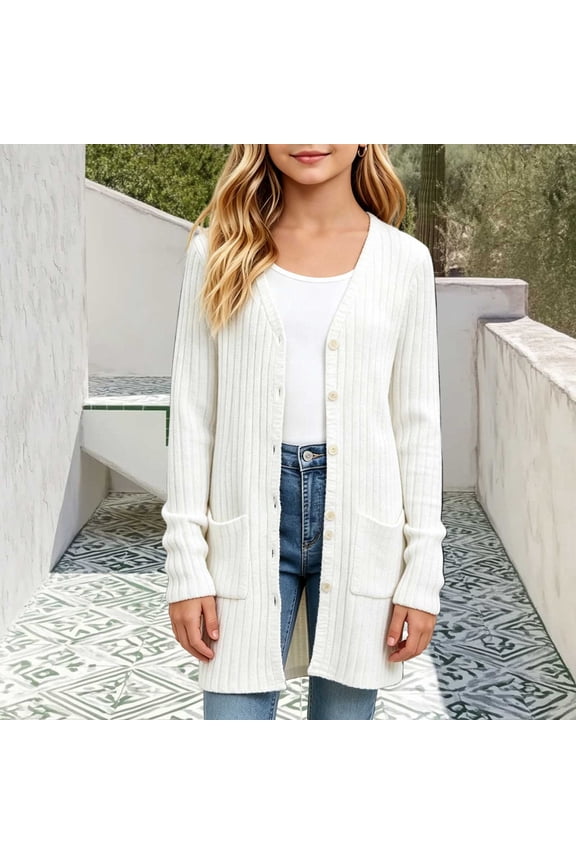 Girls Ribbed Knit Cardigan Sweaters V Neck Button Down Long Sleeve Open Front Outwear Casual Lightweight Basic Fall Winter Duster Coat with Pockets
