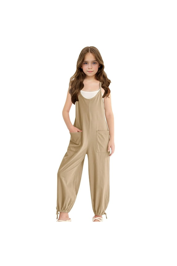 Girls Rompers Size 10-12 Sleeveless Spaghetti Strap Loose Romper Long Pants with Pockets Loose Fit Solid Color Long Pants with Pockets Clothes Beige 10-12 Vestidos Para Niñas