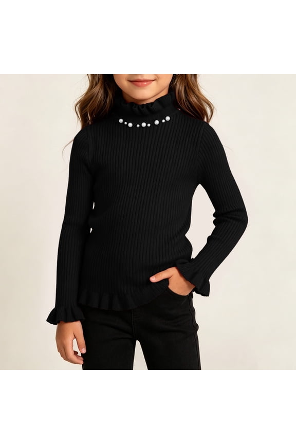 Girls Ruffle Hem Sweaters Mock Neck Ribbed Knit Long Sleeve Elegant School Pullovers Tops Cute Fall Winter Warm Classroom Party Thick Knitwear