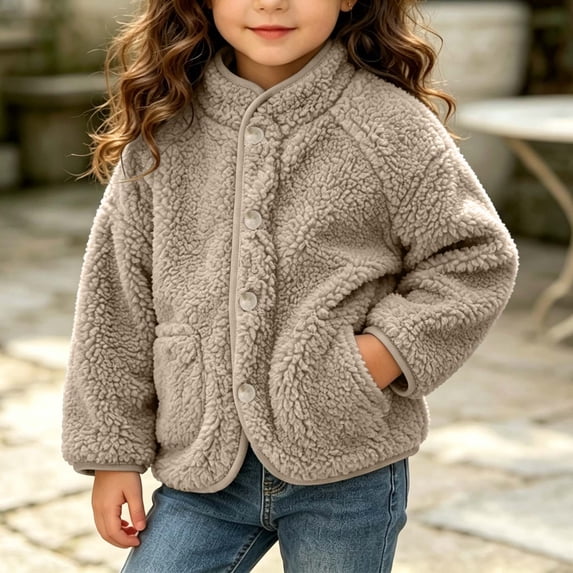 Xdegoge Girls Sherpa Fleece Jacket Fuzzy Button Down Outerwear Warm Winter Cozy Coat Mock Neck Fluffy Fall Clothes with Side Pockets for Casual Daily Wear