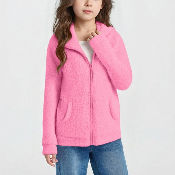 Xdegoge Girls Sherpa Jacket Kids Fuzzy Fleece Zip Up Hoodie Long Sleeve Soild Color Thermal Hooded Sweatshirt Thick Warm Winter Outerwear With Pockets Teen 2025 Fashion Clothes Size 5-14 Years