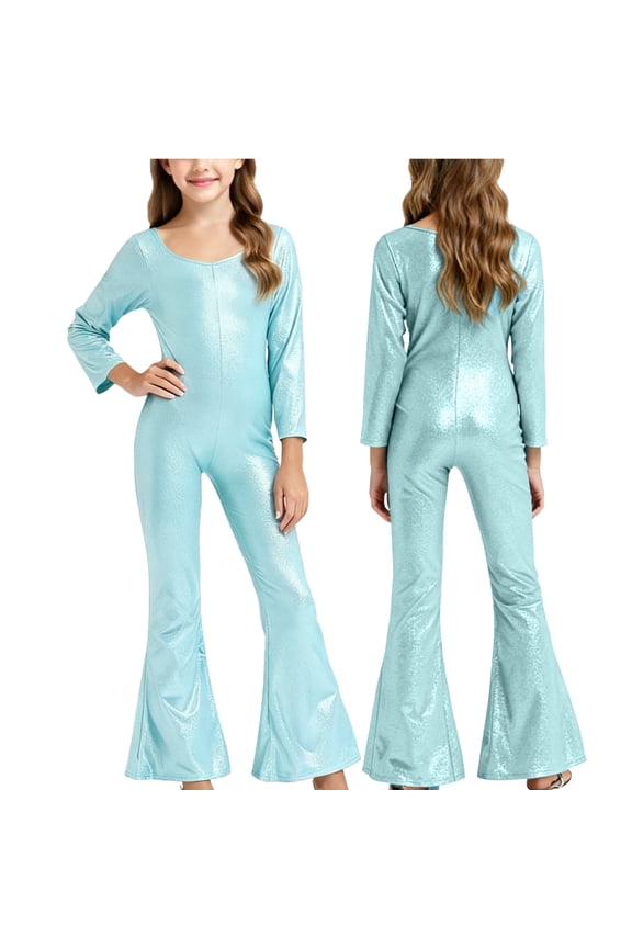 Girls' Shiny Metallic Jumpsuit Long Sleeve Flared Pants One Piece Outfit for Dance, Party Holiday Sequin Jumpsuits