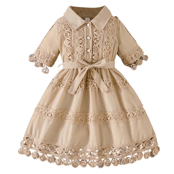 Xdegoge Girls Short Sleeve Lace Embroidered Dress with Bow Belt for Spring Summer Daily Wear