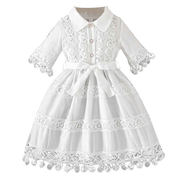 Xdegoge Girls Short Sleeve Lace Embroidered Dress with Bow Belt for Spring Summer Daily Wear