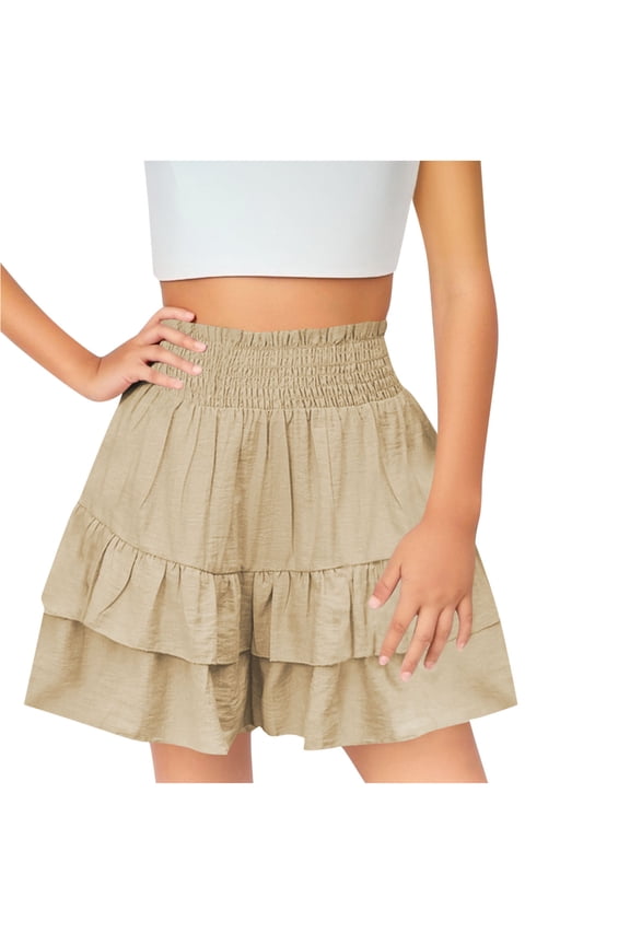 Skirts for Girls Linen High Elastic Waisted Skirts Tiered Smocked Mini Ruffle Skirt Preppy Flowy Skirt Vacation Casual Short Skirt Khaki 10-12 Pantalones Cortos Para Niños