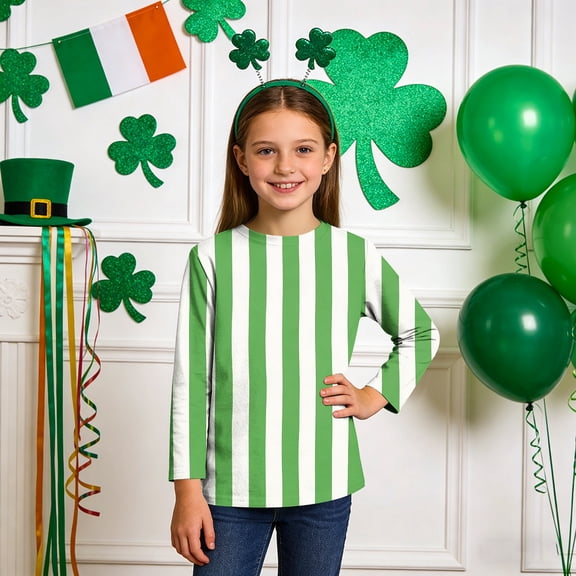 Xdegoge Girls St. Patrick's Day Shamrock Print 3/4 Sleeve T-Shirt Clover Pattern for Kids Fashion Crew Neck Holiday Tunic Tops
