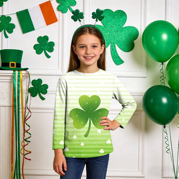 Xdegoge Girls St. Patrick's Day Shamrock Print 3/4 Sleeve T-Shirt Clover Pattern for Kids Fashion Crew Neck Holiday Tunic Tops