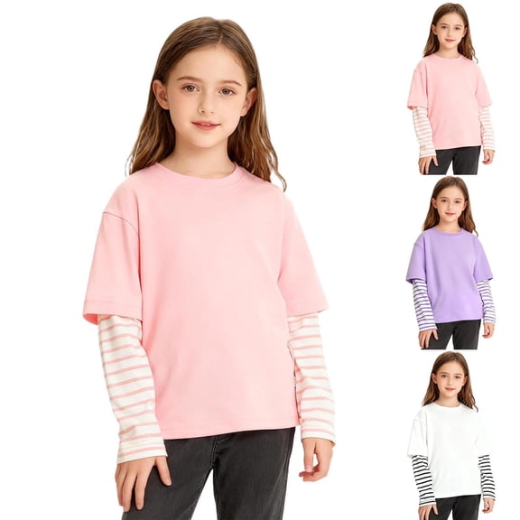 Xdegoge Girls Stripe T-Shirt Fake Two Piece Long Sleeve Fashion Tops Oversized Loose Fit Layered Tee Crewneck Casual Summer Tshirt Shirts