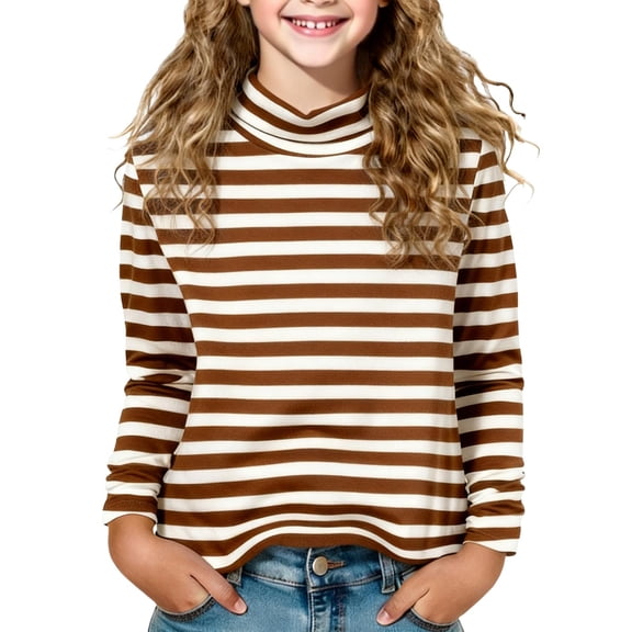 Xdegoge Girls Striped Turtleneck Long Sleeve Tops Soft Cotton Shirts for Kids Spring Clothes Fashion Dressy Casual Loose Fit Tshirts