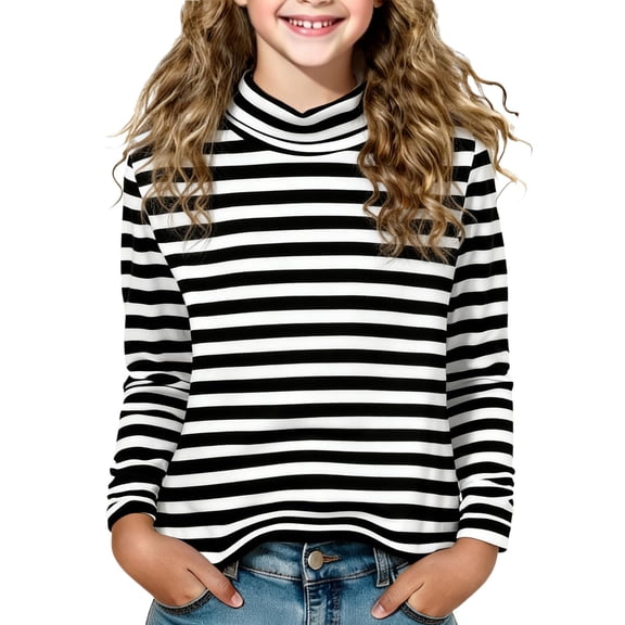 Xdegoge Girls Striped Turtleneck Long Sleeve Tops Soft Cotton Shirts for Kids Spring Clothes Fashion Dressy Casual Loose Fit Tshirts