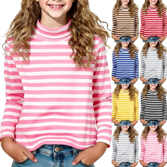 Xdegoge Girls Striped Turtleneck Long Sleeve Tops Soft Cotton Shirts for Kids Spring Clothes Fashion Dressy Casual Loose Fit Tshirts