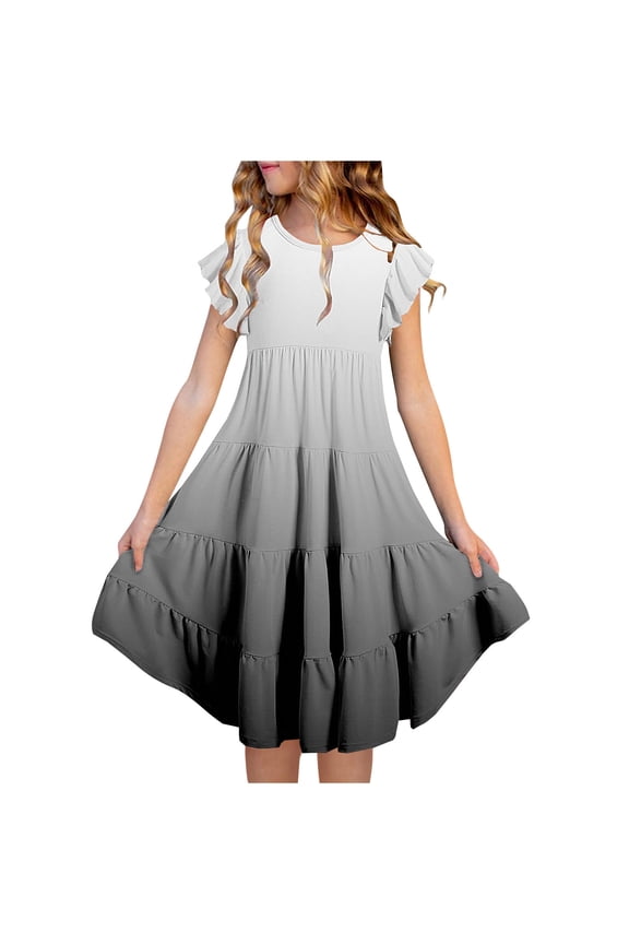 Girls Summer Dress Fashion Gradient Color Ruffle Sleeve Tiered Casual Dress Flowy Spring Summer Maxi Dress Vacation Beach Dress Black 5T Vestidos De Verano Para Niña