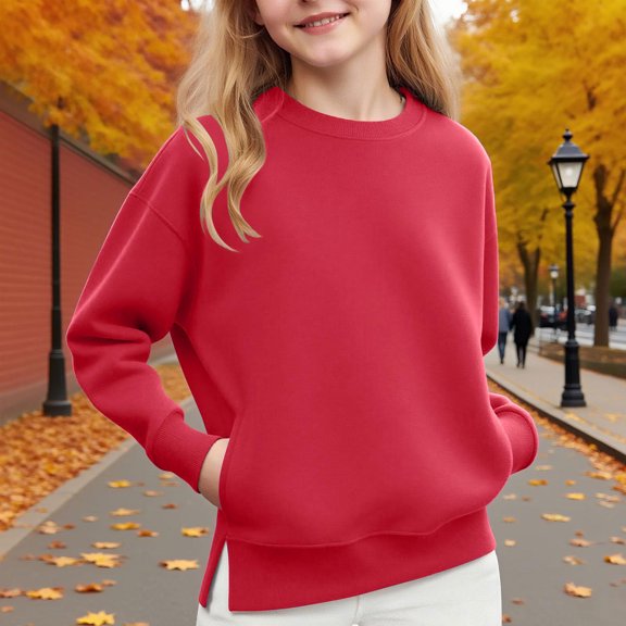 Xdegoge Girls Sweatshirt Long Sleeve Crew Neck Sweatshirts Trendy Side Split Tops Casual Loose Oversized Pullover Back to School Casual Outfits Size 5-14