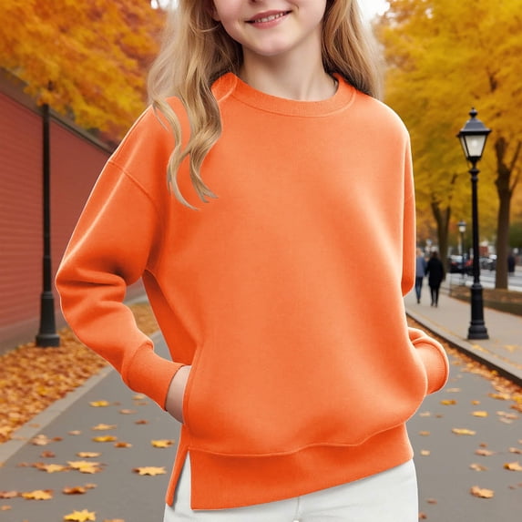 Xdegoge Girls Sweatshirt Long Sleeve Crew Neck Sweatshirts Trendy Side Split Tops Casual Loose Oversized Pullover Back to School Casual Outfits Size 5-14