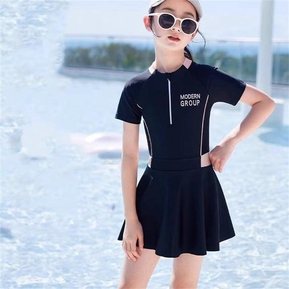 Xdegoge Girls Swimdress Short Sleeve Zip Front Rash Guard Skirted One Piece Swimsuit Athletic Full Coverage Quick Dry Beach Pool Summer Black 9 Years