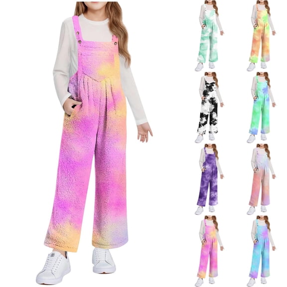 Xdegoge Girls Tie-Dye Overalls Jumpsuit Colorful Gradient Print Fleece Bibs Pants, Trendy Warm Winter Jumpsuits with Pockets