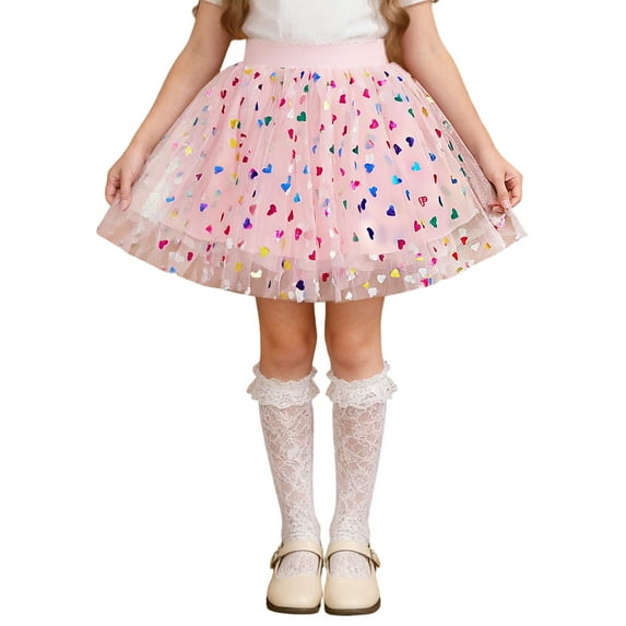 Xdegoge Girls Tulle Tutu Skirt with Colorful Heart Print for Dance Parties and Costume Events