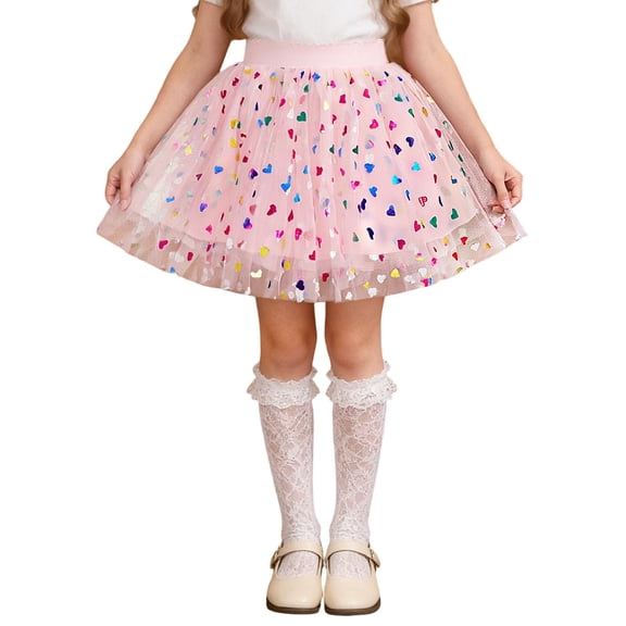 Xdegoge Girls Tulle Tutu Skirt with Colorful Heart Print for Dance Parties and Costume Events