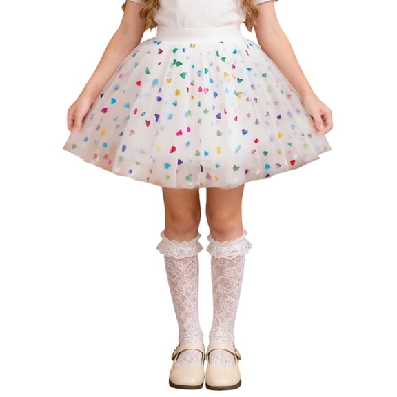 Xdegoge Girls Tulle Tutu Skirt with Colorful Heart Print for Dance Parties and Costume Events
