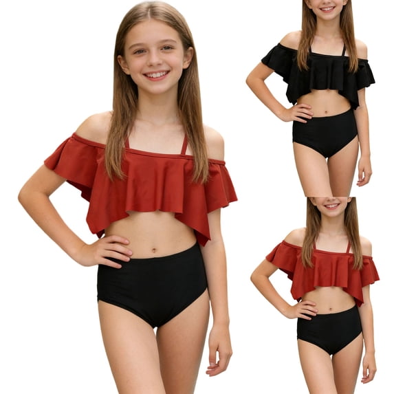 Xdegoge Girls Two Piece Swimsuit Off Shoulder Ruffle Swim Top Beach High Waisted Bottom Modest Vacation Pool Summer Bathing Suit Red 5 Years