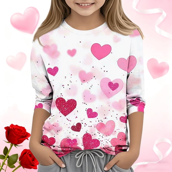 Xdegoge Girls Valentines Shirt 3/4 Sleeve Crew Neck Pullover Tops Toddler Heart Printed Fashion Tops Y2K Streetwear Tee Shirts