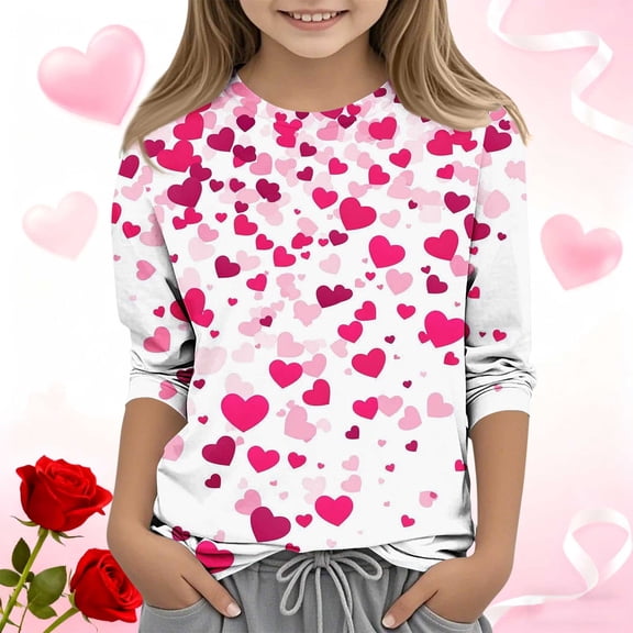 Xdegoge Girls Valentines Shirt 3/4 Sleeve Crew Neck Pullover Tops Toddler Heart Printed Fashion Tops Y2K Streetwear Tee Shirts