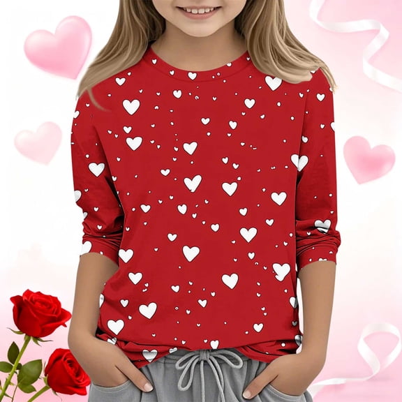 Xdegoge Girls Valentines Shirt 3/4 Sleeve Crew Neck Pullover Tops Toddler Heart Printed Fashion Tops Y2K Streetwear Tee Shirts