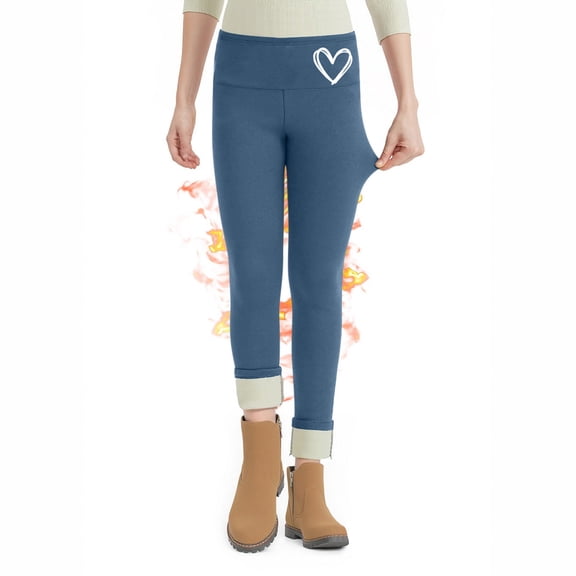 Xdegoge Girls Warm Fleece Lined Leggings with Heart Print High Waist Stretchy Yoga Pants Winter Bottoms