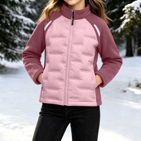 Xdegoge Girls Zip Up Puffer Jacket Winter Warm Outerwear Quilted Front Panel Full Zip Stand Collar Active Coat with Pockets Lightweight Layering Fall Hiking Wear