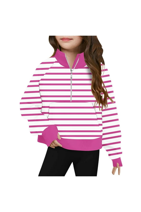 Girls Zipper Hoodie Size 7 Cute Oversized Half Zip Striped Sweatshirts Warm Long Sleeve Stand Collar Fleece Pullover Tops Sweater Plus Size Fall Winter Outfits Clothes Pink 7 Years