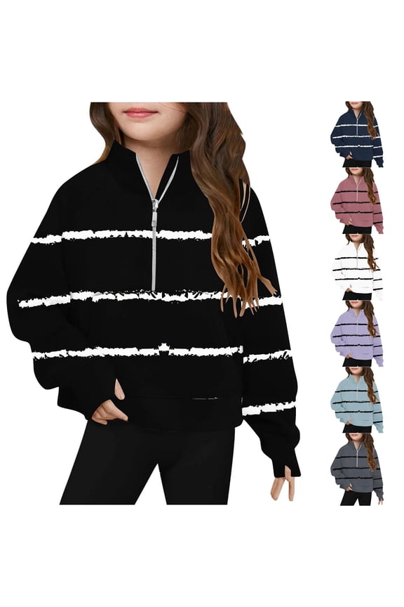 Girls Zipper Hoodies Size 7-8 Cute Oversized Half Zip Striped Sweatshirts Warm Long Sleeve Stand Collar Fleece Pullover Tops Sweater Plus Size Fall Winter Outfits Clothes Black 7 Years