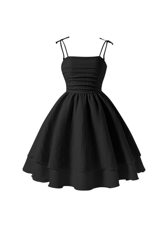 Girls formal Dress Ruched A Line Swing Teen Dresses Layered Tie Shoulder Flowy formal Dresses Party Holiday Wedding Flower Girl Dress Black 10-12 Vestidos De Verano Para Niña