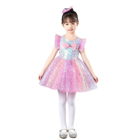 Xdegoge Glitter Princess Dress for Girls Star Print Tulle Skirt Butterfly Sleeves Party Celebration Birthday Outfit