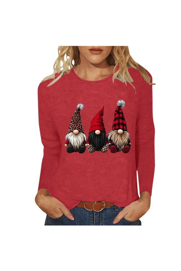 Gnome Christmas Print Long Sleeve T-Shirt for Women Crew Neck Holiday Party Top
