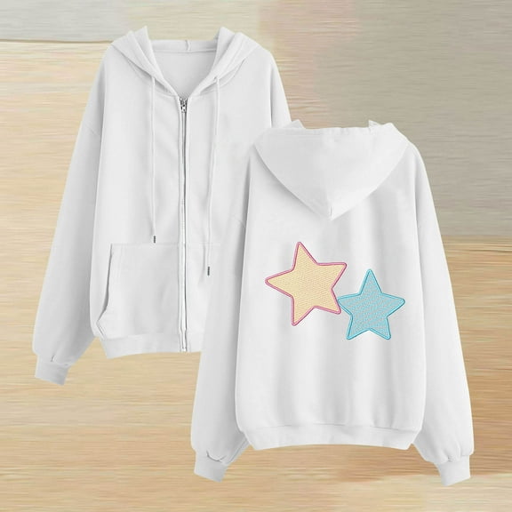 Xdegoge Graphic Hoodies for Women Star Embroidery Cute Y2K Zip Up Hooded Sweatshirt Aesthetic Long Sleeve Drop Shoulder Drawstring Jacket with Pocket 2025 Winter Fashion Casual Outfits