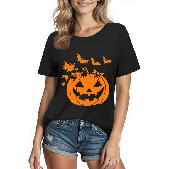 Xdegoge Grim Reaper Pumpkin T-Shirt for Women Short Sleeve Crew Neck Halloween Horror Graphic Top