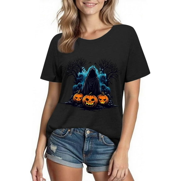 Xdegoge Grim Reaper Pumpkin T-Shirt for Women Short Sleeve Crew Neck Halloween Horror Graphic Top