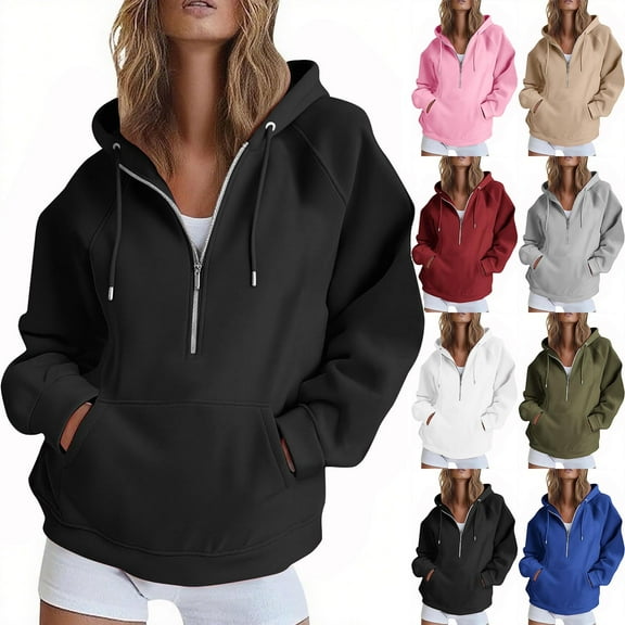 Xdegoge Half Zip Hoodies for Women Long Sleeve Raglan Basic Pullover Hooded Sweatshirt with Pocket Lounge Oversized Plain Drawstring Tops 2025 Fall Winter Fashion Outfits