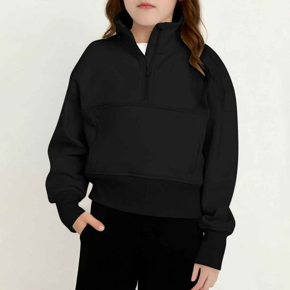 Xdegoge Half Zip Pullover Girls Long Sleeve Stand Collar Warm Cropped Sweatshirt Tween Drop Shoulder Soild Pullover Teen Thermal Tracksuit Thumb Hole With Pockets 2025 Preppy Clothes Age 5-14 Years