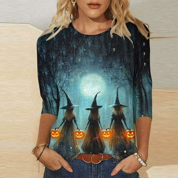 Xdegoge Halloween 3/4 Sleeve Tops for Women Witch Pumpkin Graphic Shirts Crewneck Tunic T Shirts Spooky Season Shirt Holiday Party Loose Casual Blouses