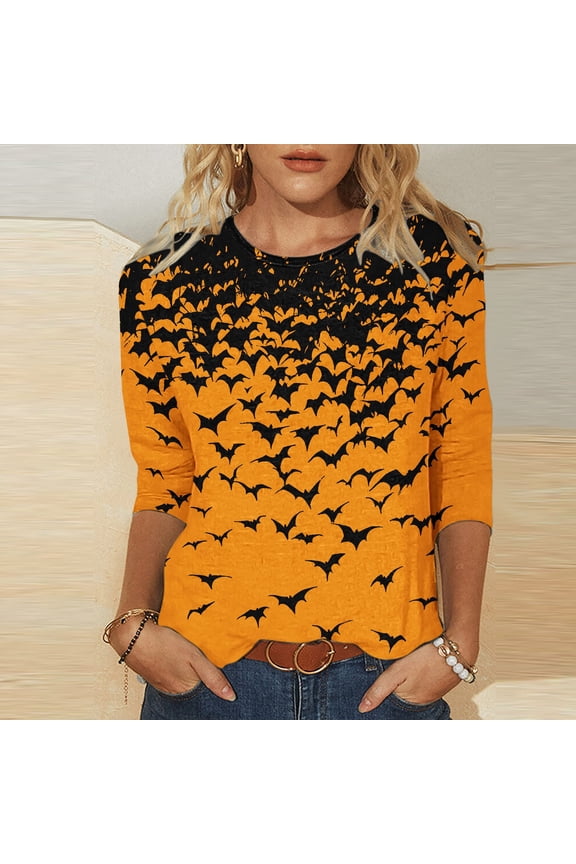 Halloween 3/4 Sleeve Tops for Women Witch Pumpkin Graphic Shirts Crewneck Tunic T Shirts Spooky Season Shirt Holiday Party Loose Casual Blouses