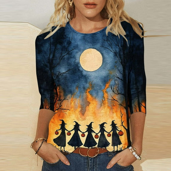 Xdegoge Halloween 3/4 Sleeve Tops for Women Witch Pumpkin Graphic Shirts Crewneck Tunic T Shirts Spooky Season Shirt Holiday Party Loose Casual Blouses