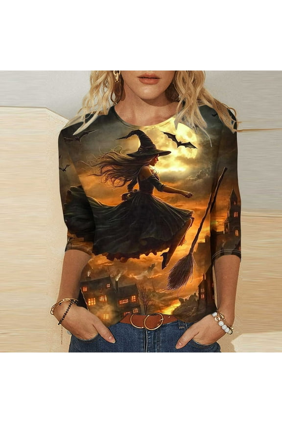 Halloween 3/4 Sleeve Tops for Women Witch Printed Graphic Tee Shirts Funny Holiday Tops Going Out Outfits Dressy Casual Tunic Blouses