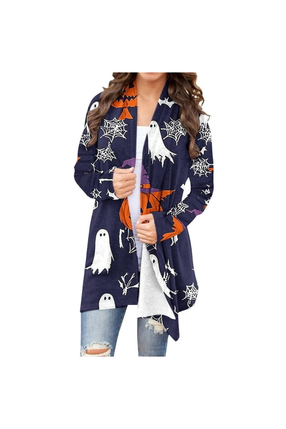 Halloween Cardigans for Women Long Sleeve Open Front Drape Lightweight Fall Sweaters Cute Ghost Spider Web Print Casual Festive Holiday Outerwear Tops