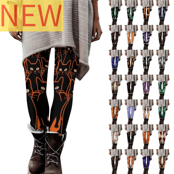 Xdegoge Halloween Leggings for Women Plus Size 2025 Black Cat Printed Tummy Control High Waisted Yoga Pants Casual Stretchy Leggings Compression Pants Workout Leggings Pants Orange S
