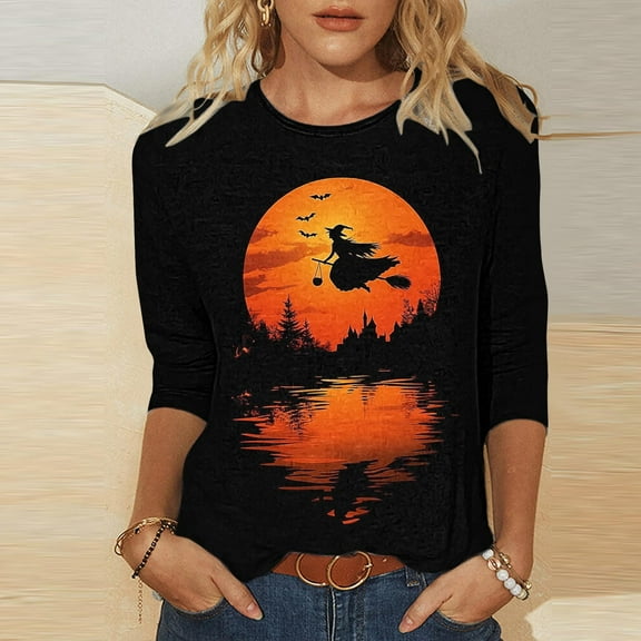 Xdegoge Halloween Shirts Graphic Tees 3/4 Sleeve Tops for Women Ghost Witch Pumpkin Printed Cute Trendy Casual Tunic Blouses Going Out Party Night Holiday Tops Fashion Y2K Streetwear