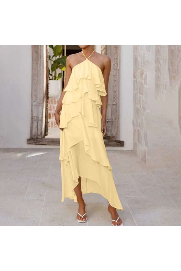 Halter Dresses for Women Flowy Fit Sleeveless Halter Neck Evening Dresses Layered Ruffle Asymmetrical Hem Long Dress Party Wedding
