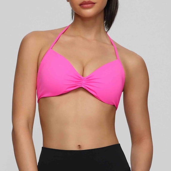Xdegoge Halter Sports Bras for Women Padded Adjustable Spaghetti Straps Ruched Bralettes Quick Dry Backless Wireless Workout Gym Yoga Bra