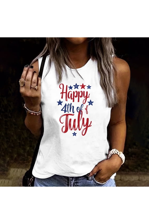Happy 4th of July Stars Graphic Tank Top for Women Sleeveless Crewneck Patriotic Summer Casual Loose Fit Independence Day USA Flag Holiday Celebration Party Shirts Tops